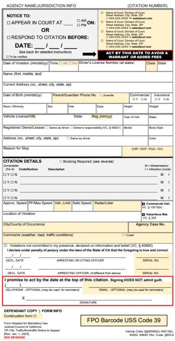 View TR-130 Traffic/Nontraffic Notice to Appear form