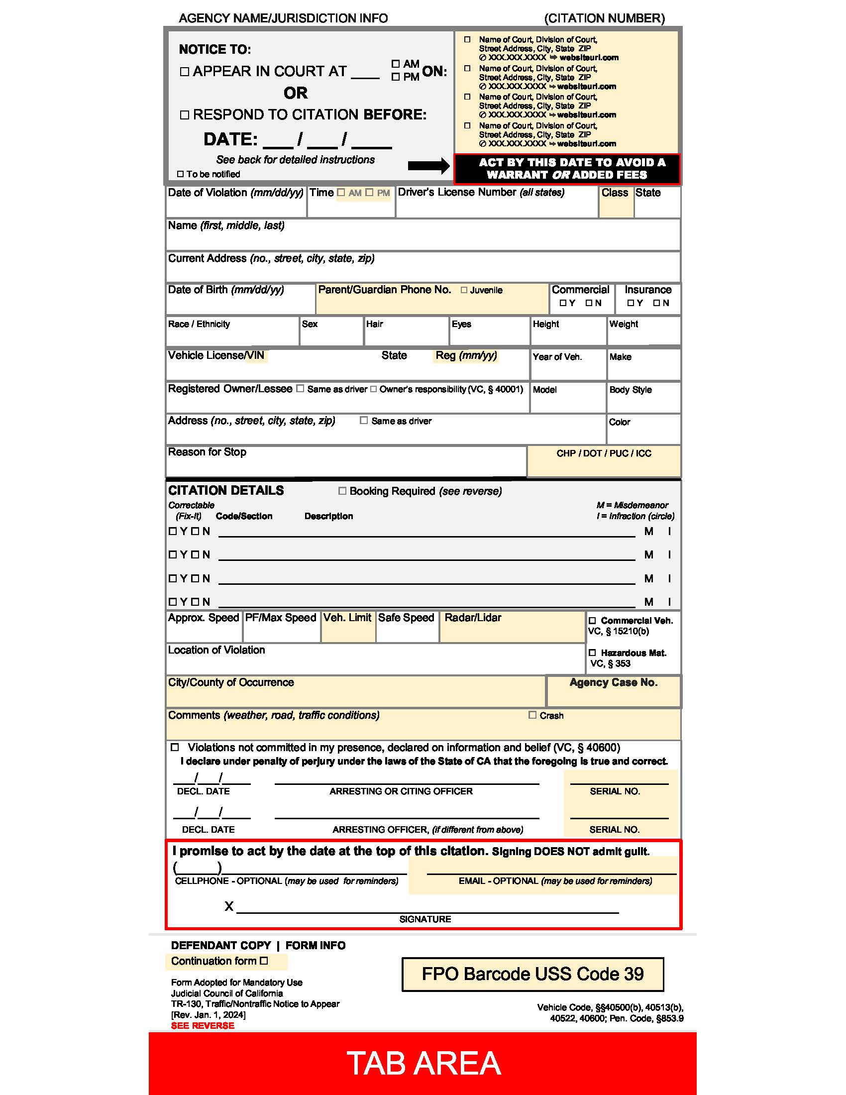 View TR-130 Traffic/Nontraffic Notice to Appear form