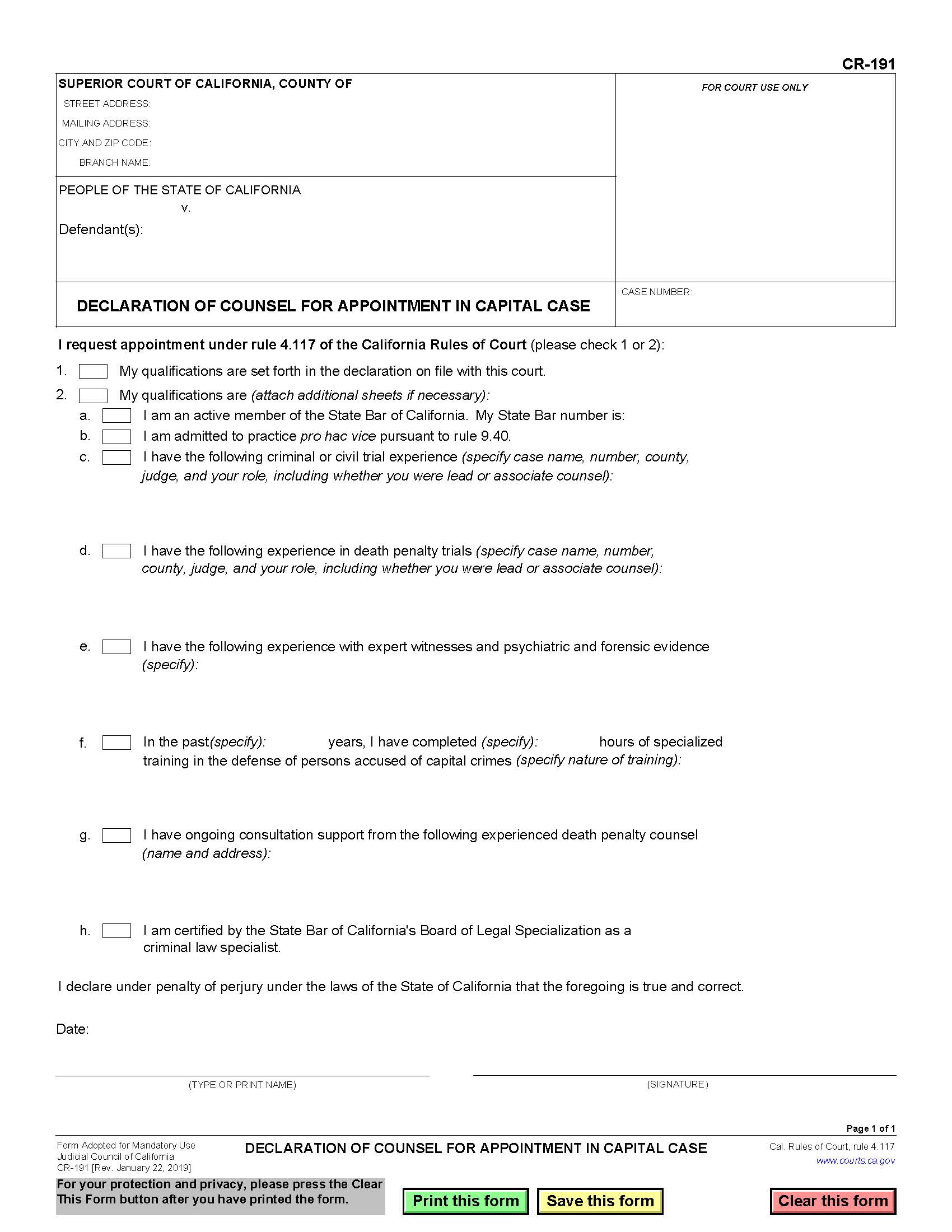 View CR-191 Declaration of Counsel for Appointment in Capital Case form