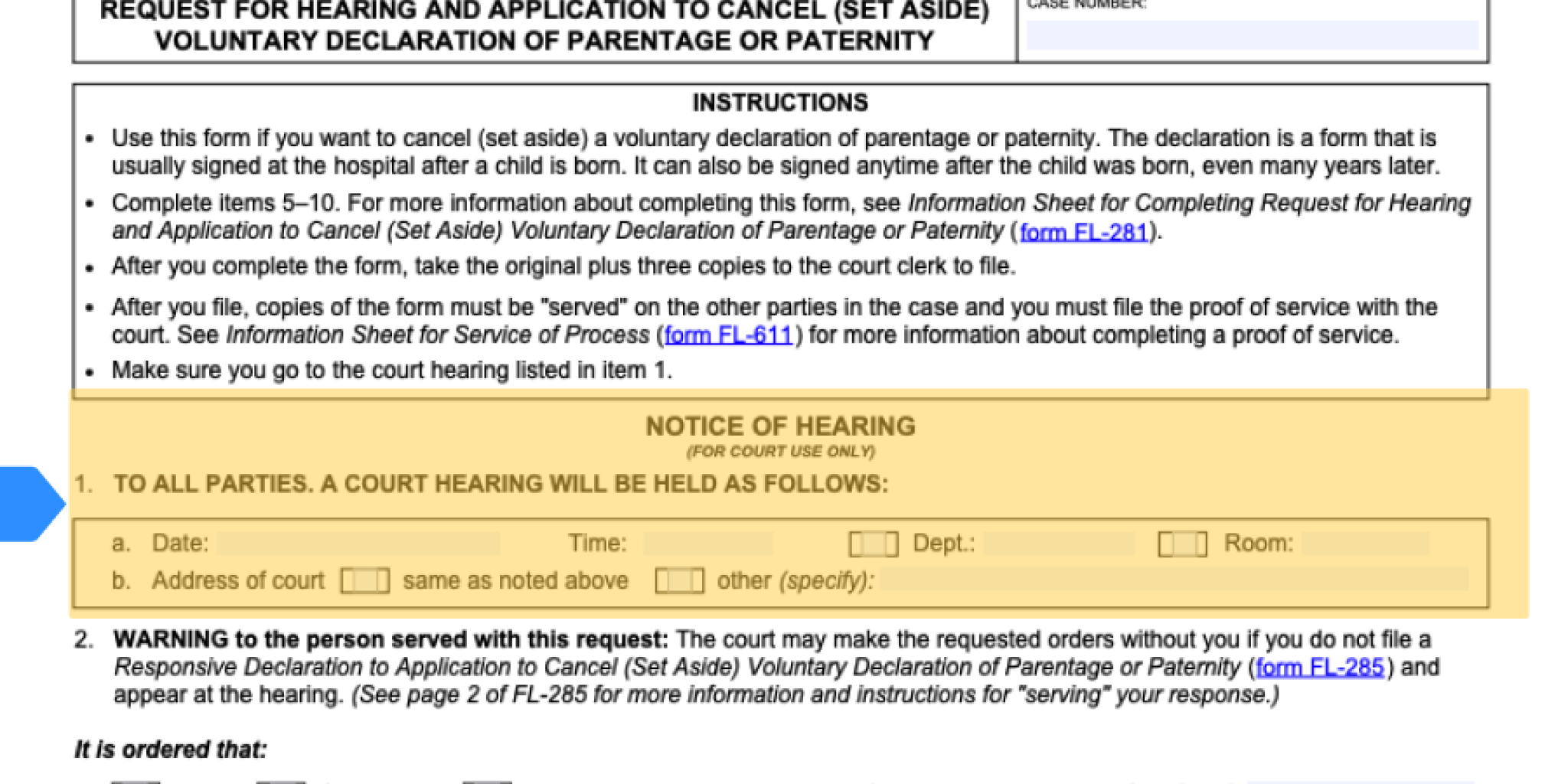 Request for Hearing and Application to Cancel Voluntary Declaration of