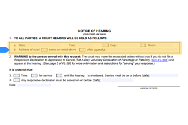 Date, time, and location on hearing on Form FL-280