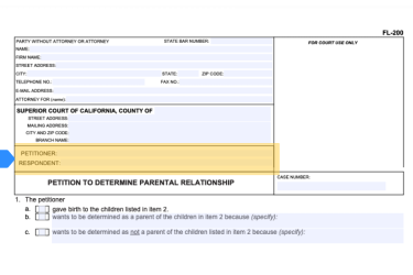Form FL 200 showing petitioner