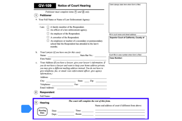 Highlight of form GV-109 showing Notice of Hearing