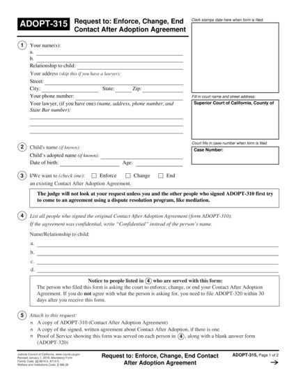 View ADOPT-315 Request to: Enforce, Change, End Contact After Adoption Agreement form
