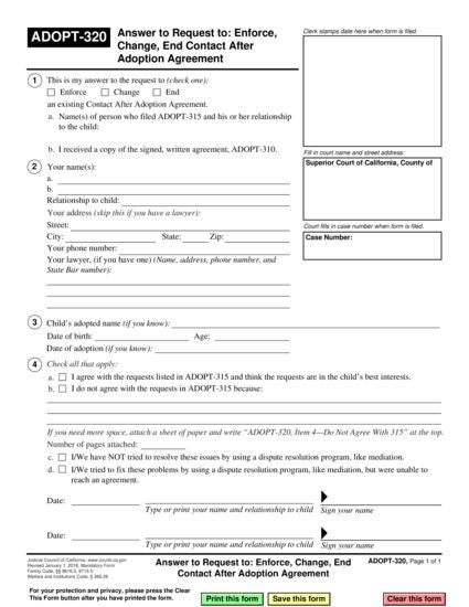 View ADOPT-320 Answer to Request to: Enforce, Change, End Contact After Adoption Agreement form