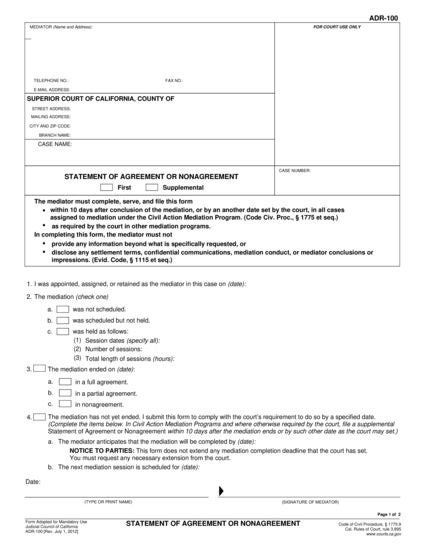 View ADR-100 Statement of Agreement or Nonagreement form