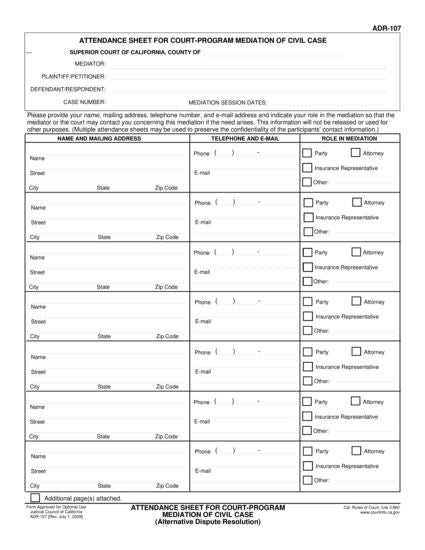 View ADR-107 Attendance Sheet for Court-Program Mediation of Civil Case form