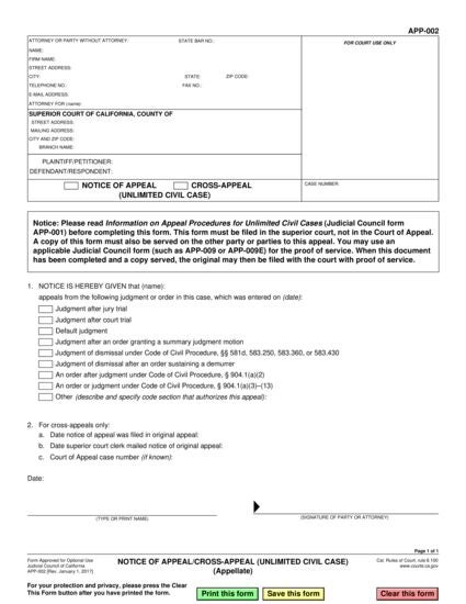 View APP-002 Notice of Appeal/Cross-Appeal—Unlimited Civil Case form