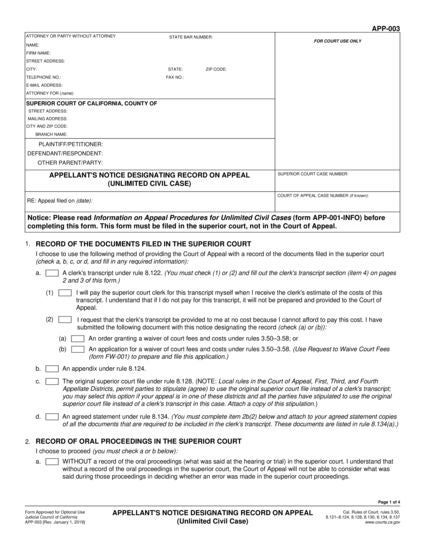 View APP-003 Appellant's Notice Designating Record on Appeal (Unlimited Civil Case) form