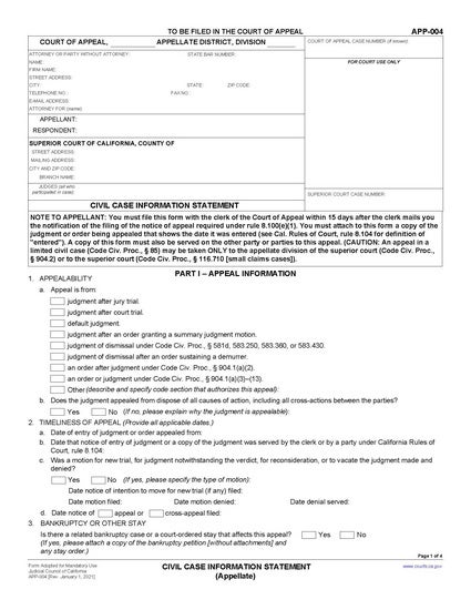 View APP-004 Civil Case Information Statement (Appellate) form