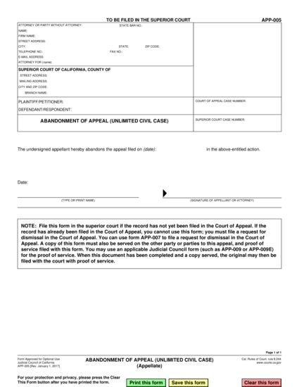 View APP-005 Abandonment of Appeal (Unlimited Civil Case) form