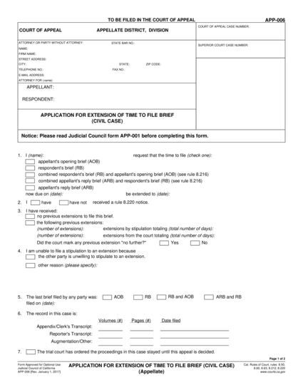 View APP-006 Application for Extension of Time to File Brief—Unlimited Civil Case form