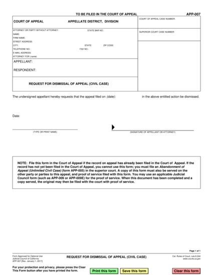 View APP-007 Request for Dismissal of Appeal (Civil Case) form