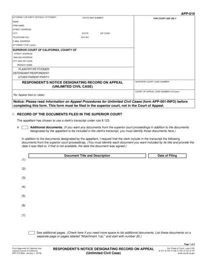 View APP-010 Respondent's Notice Designating Record on Appeal—Unlimited Civil Case form