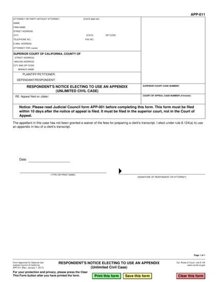View APP-011 Respondent's Notice Electing to Use an Appendix (Unlimited Civil Case) form