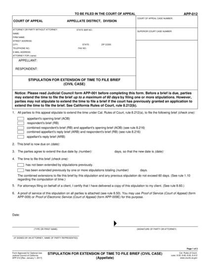 View APP-012 Stipulation of Extension of Time to File Brief (Civil Case) form