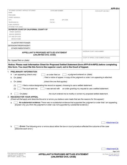 View APP-014 Appellant's Proposed Settled Statement (Unlimited Civil Case) form