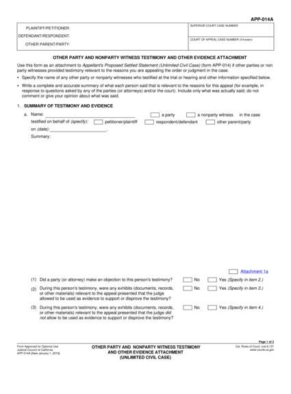 View APP-014A Other Party and Nonparty Witness Testimony and other Evidence Attachment (Unlimited Civil Case) form