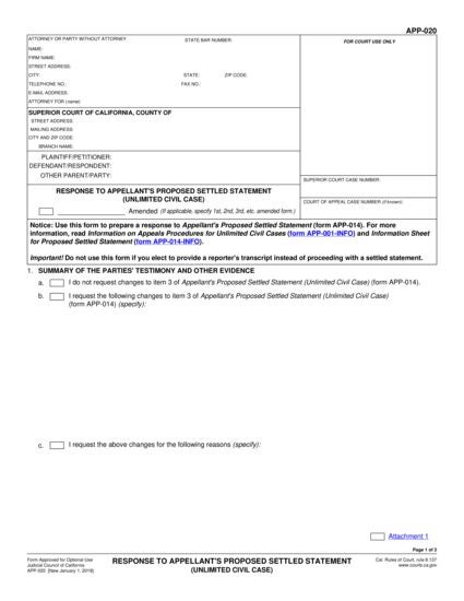 View APP-020 Response to Appellant's Proposed Settled Statement (Unlimited Civil Case) form
