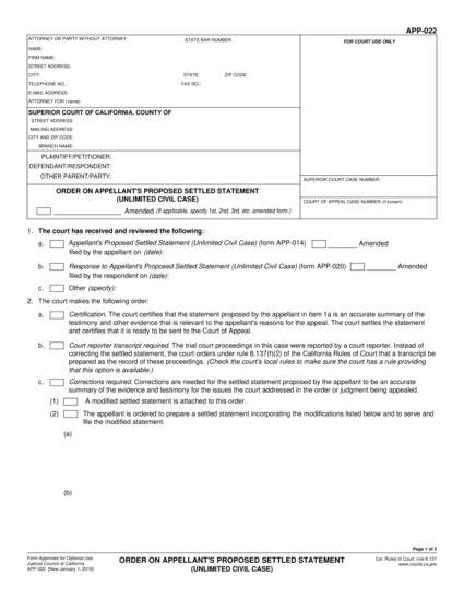 View APP-022 Order on Appellant's Proposed Settled Statement (Unlimited Civil Case) form