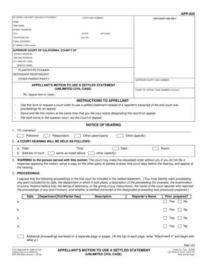 View APP-025 Appellant Motion to Use a Settled Statement (Unlimited Civil Case) form