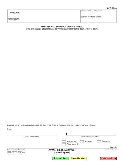 View APP-031A Attached Declaration (Court of Appeal) form