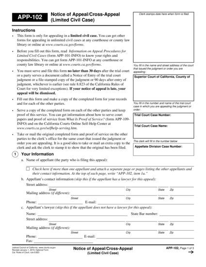 View APP-102 Notice of Appeal/Cross-Appeal—Limited Civil Case form