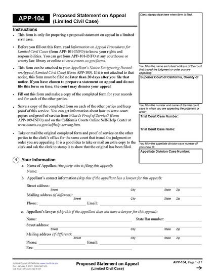 View APP-104 Proposed Statement on Appeal (Limited Civil Case) form