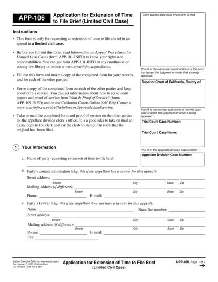 View APP-106 Application for Extension of Time to File Brief—Limited Civil Case form