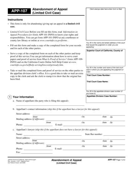 View APP-107 Abandonment of Appeal (Limited Civil Case) form