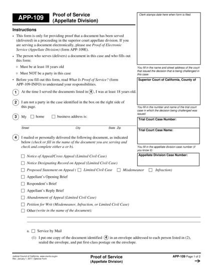 View APP-109 Proof of Service (Appellate Division) form