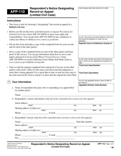 View APP-110 Respondent's Notice Designating Record on Appeal—Limited Civil Case form