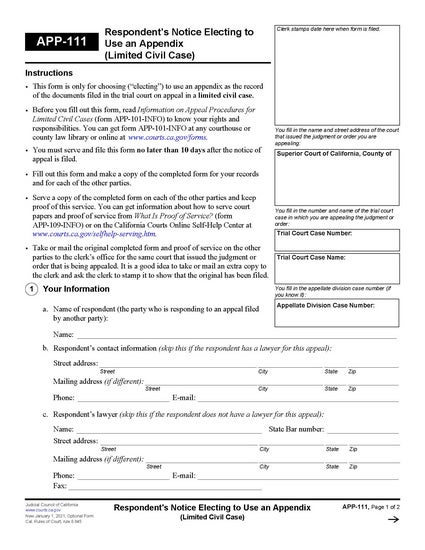View APP-111 Respondent's Notice Electing to Use an Appendix (Limited Civil Case) form
