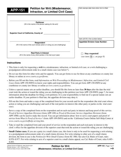 View APP-151 Petition for Writ (Misdemeanor, Infraction, or Limited Civil Case) form