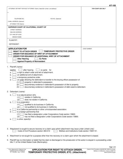 View AT-105 Application for Right to Attach Order, Temporary Protective Order, etc. form