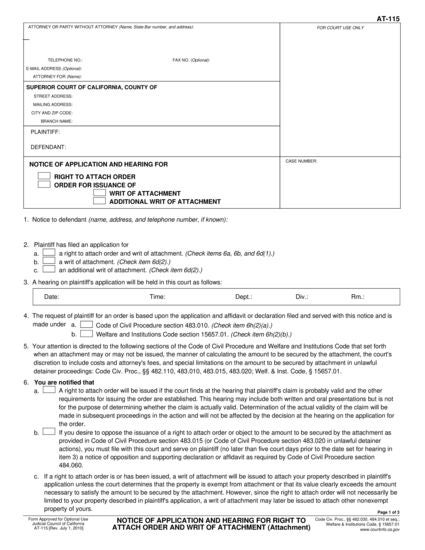 View AT-115 Notice of Application and Hearing for Right to Attach Order and Writ of Attachment form