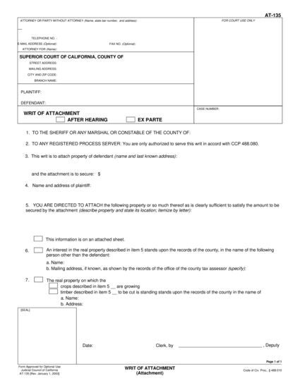 View AT-135 Writ of Attachment form