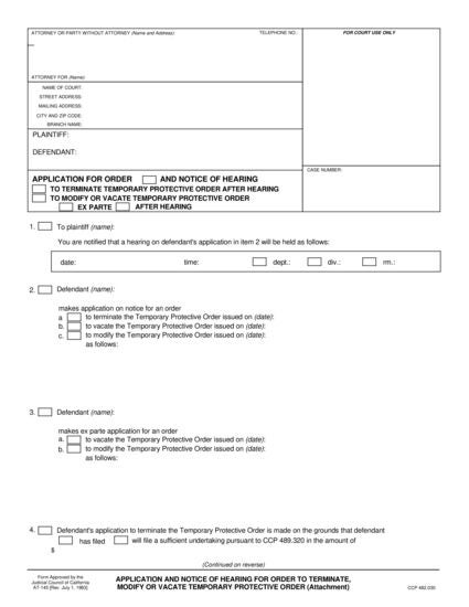 View AT-145 Application and Notice of Hearing for Order to Terminate, Modify, or Vacate Temporary Protective Order form