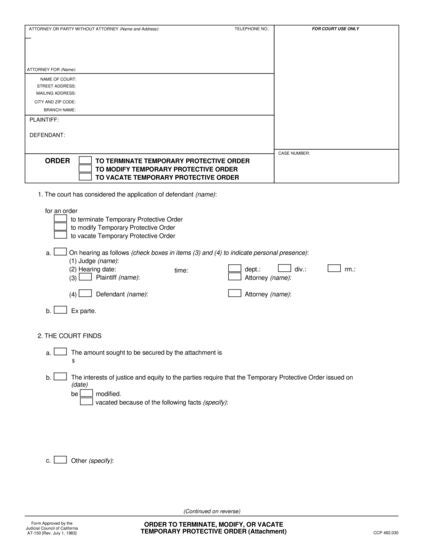 View AT-150 Order to Terminate, Modify, or Vacate Temporary Protective Order form