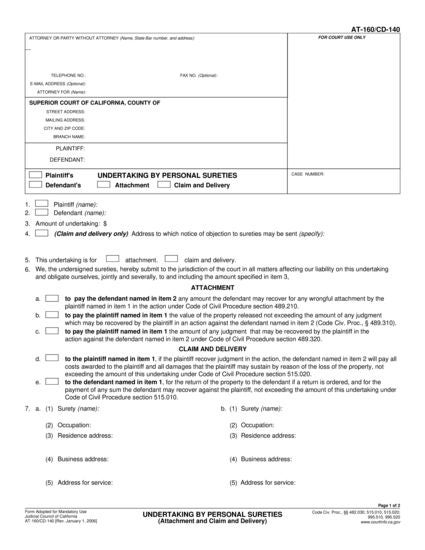 View AT-160 Undertaking By Personal Sureties form