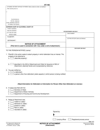 View AT-165 Notice of Attachment form