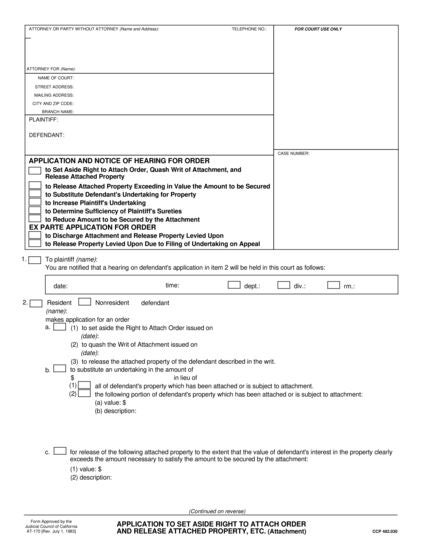 View AT-170 Application to Set Aside Right to Attach Order and Release Attached Property, Etc. form