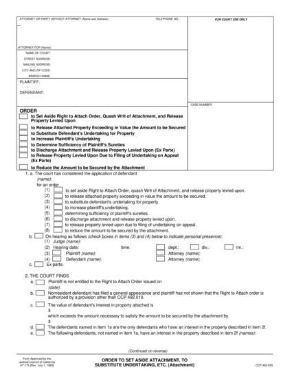 View AT-175 Order to Set Aside Attachment, to Substitute Undertaking, Etc. form