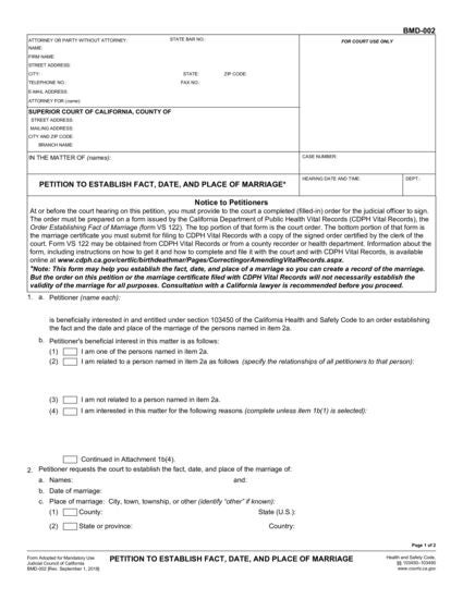 View BMD-002 Petition to Establish Fact, Time, and Place of Marriage form