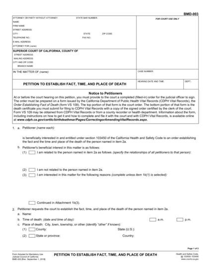 View BMD-003 Petition to Establish Fact, Date, and Place of Death form