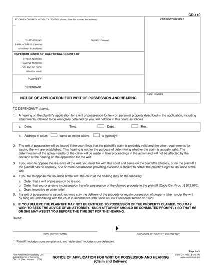 View CD-110 Notice of Application for Writ of Possession and Hearing form