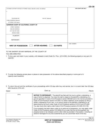 View CD-130 Writ of Possession form