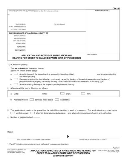 View CD-160 Application and Notice of Application and Hearing for Order to Quash Ex Parte Writ of Possession form