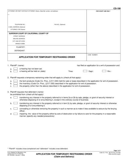 View CD-190 Application for Temporary Restraining Order form