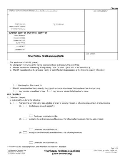 View CD-200 Temporary Restraining Order form